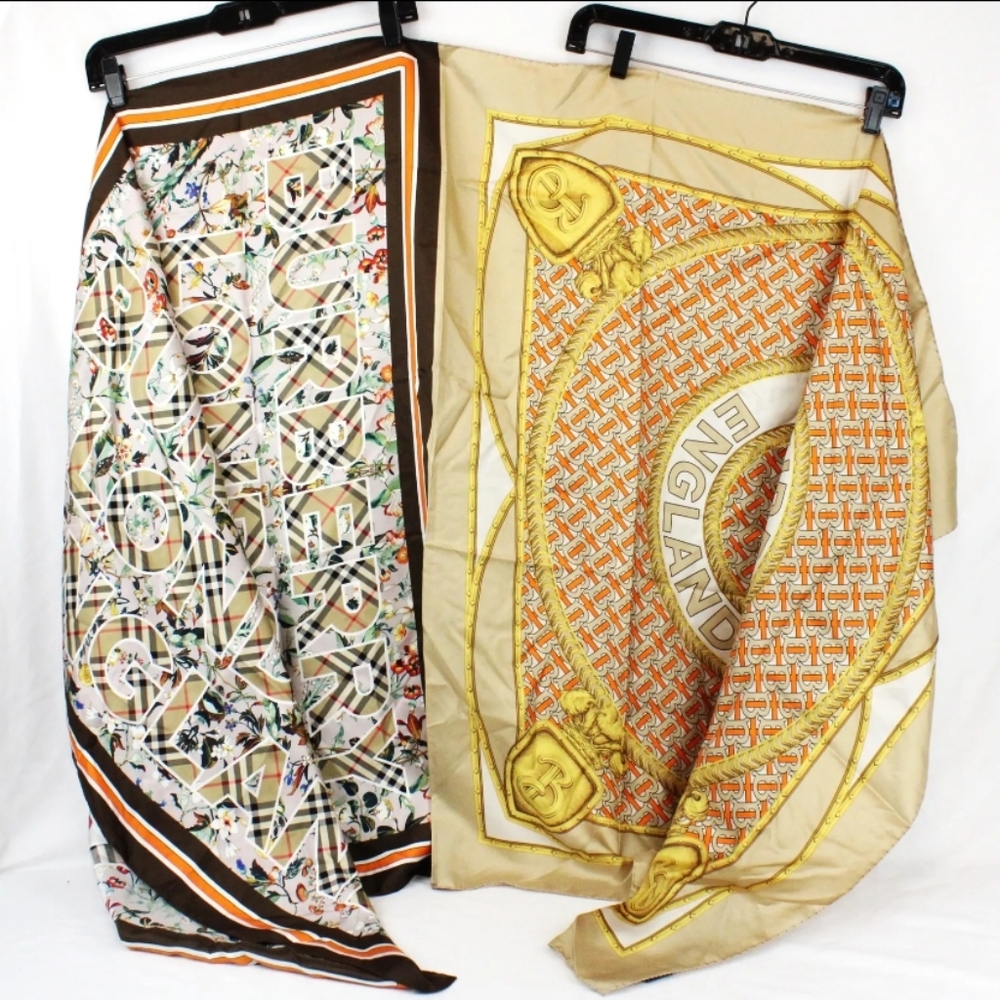 Burberry Floral Multicolor Monogram Silk Large Oblong Scarf in Beige & Orange